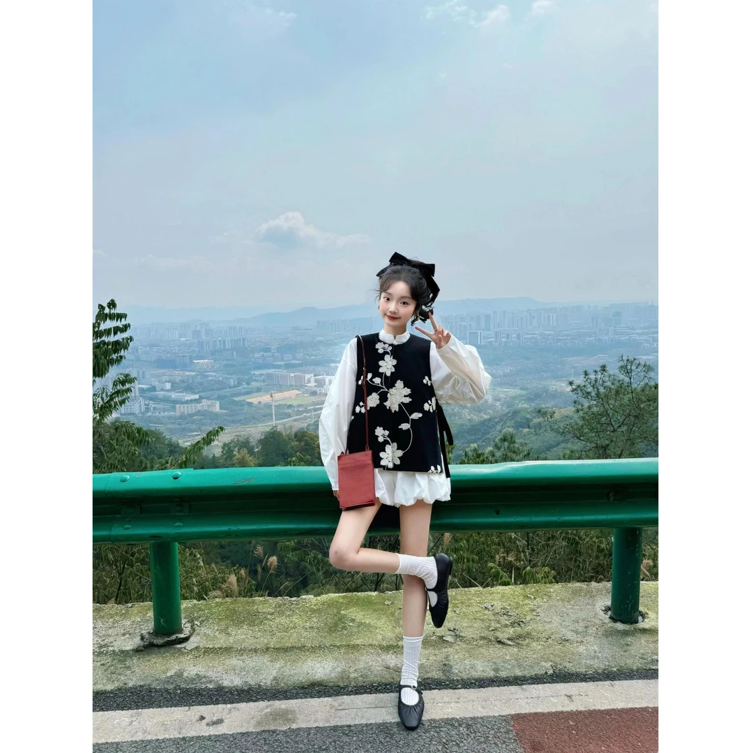 秋装搭配一整套高级感立领白色衬衫叠穿新中式提花马甲套装女