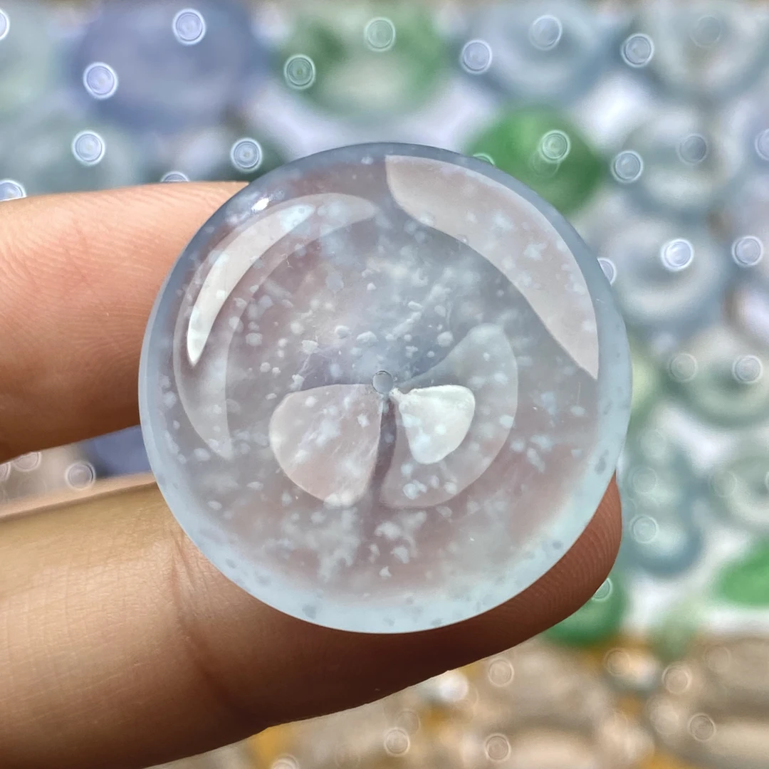 天然缅甸a货翡翠平安扣正冰雪花棉蓝紫底扣子 尺寸:25.8-5.3