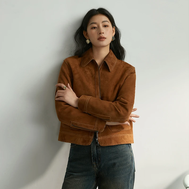 卡洛尔菲真皮皮衣外套女绒面美拉德皮夹克2024新款爆款小个子复古