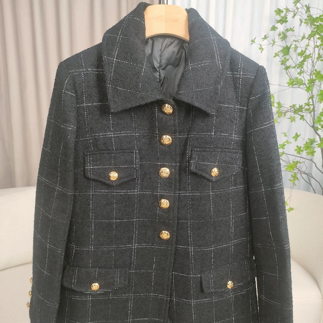 四袋撞色格纹花呢羽绒服小香风外套24002