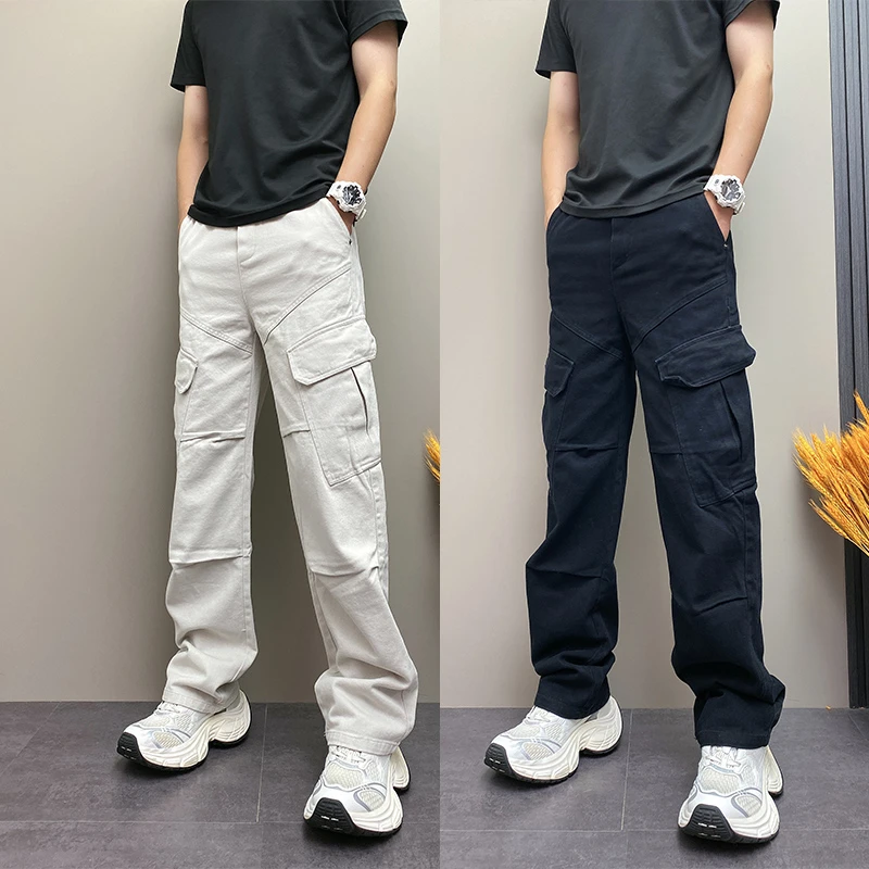 秋季高街痞帅纯色大口袋机能伞兵工装裤青年男士直筒阔腿牛仔裤男
