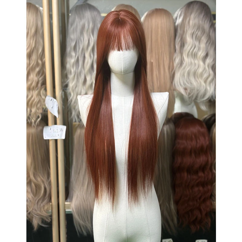 假发女齐刘海免戴发网的自然时尚逼真仿真人焦糖红棕长直发全头套