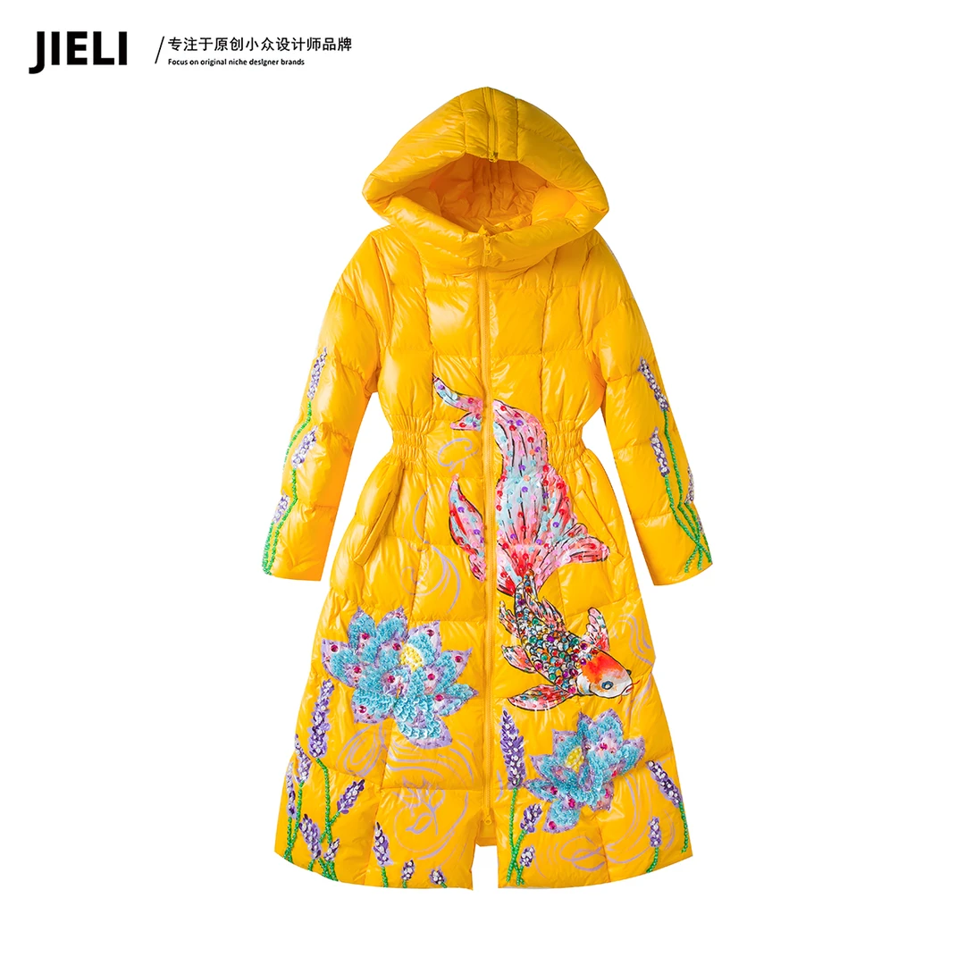 JIE LI/街力高级感外套女冬时尚中长款黄色羽绒服女T10029