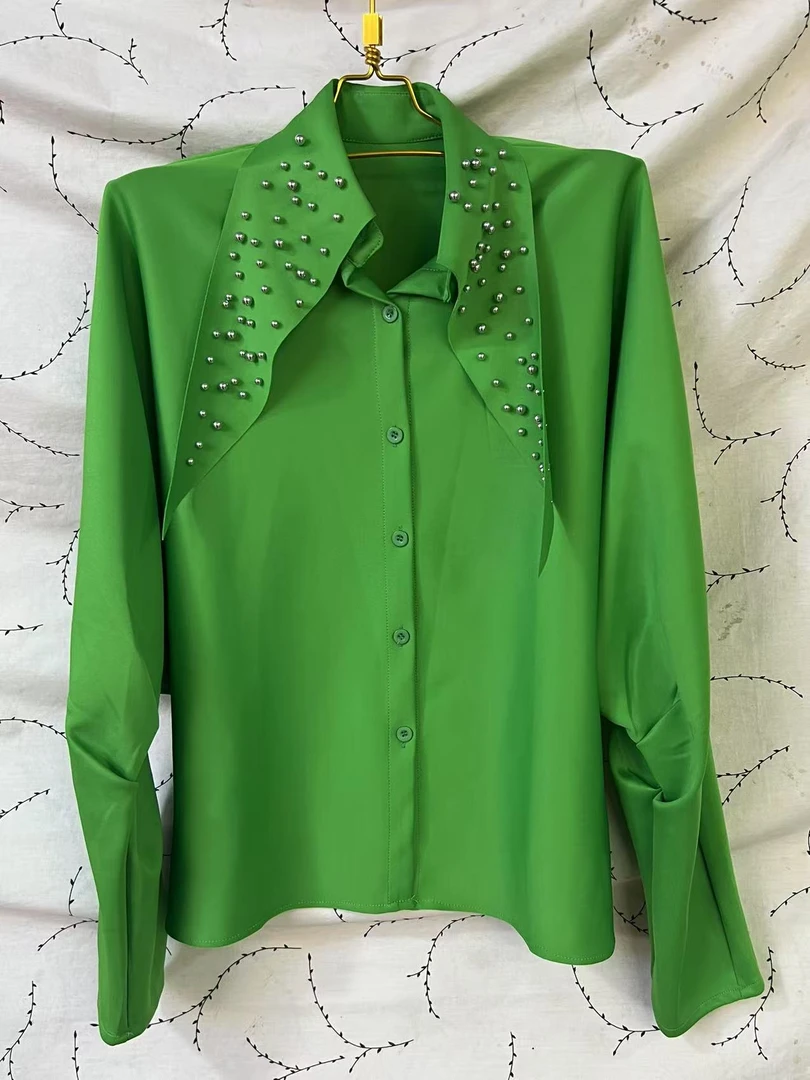 913-C-1-3-1       韩版宽松时髦长袖设计感重工领子钉珠镶钻衬衫