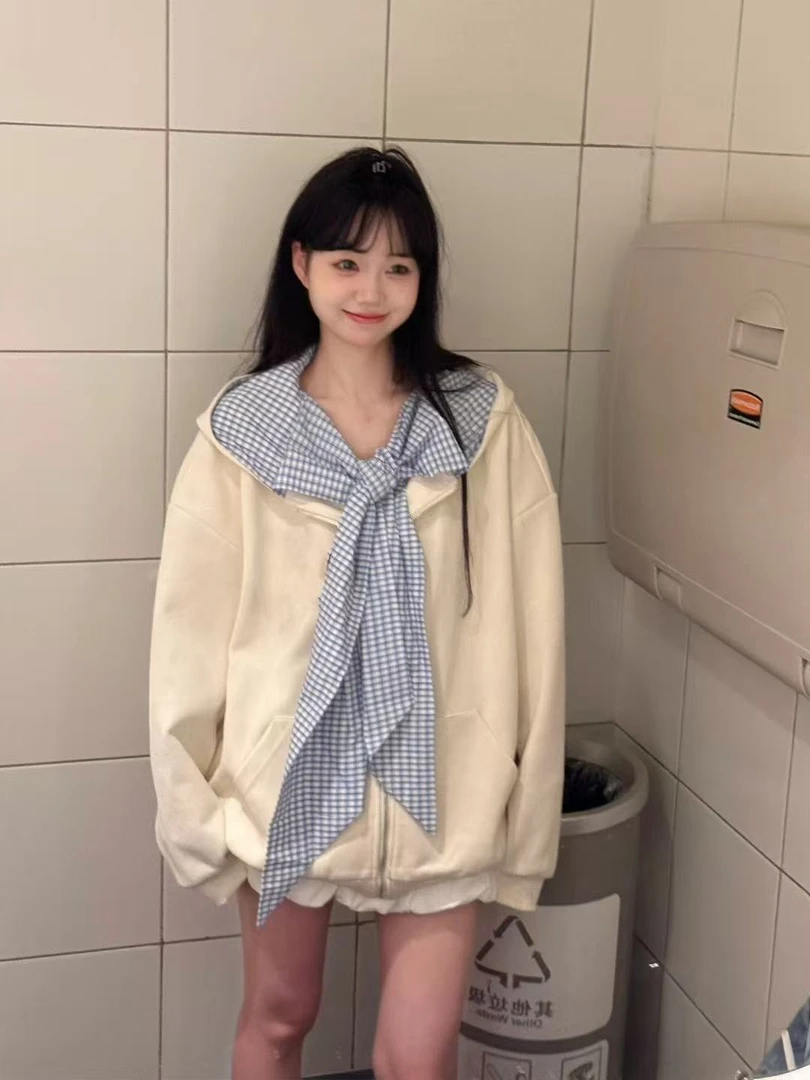 学院风格纹秋季四季通用卫衣春秋娃娃领宽松上衣时尚套装9390