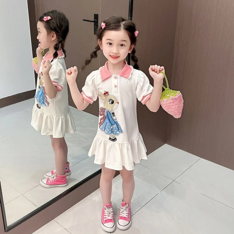 女童连衣裙夏季2025新款洋气儿童卡通短袖时髦女宝宝polo领公主裙