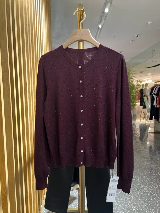 声雨竹1R709春秋薄款纯色镶钻中老年妈妈针织开衫外套上衣女长袖