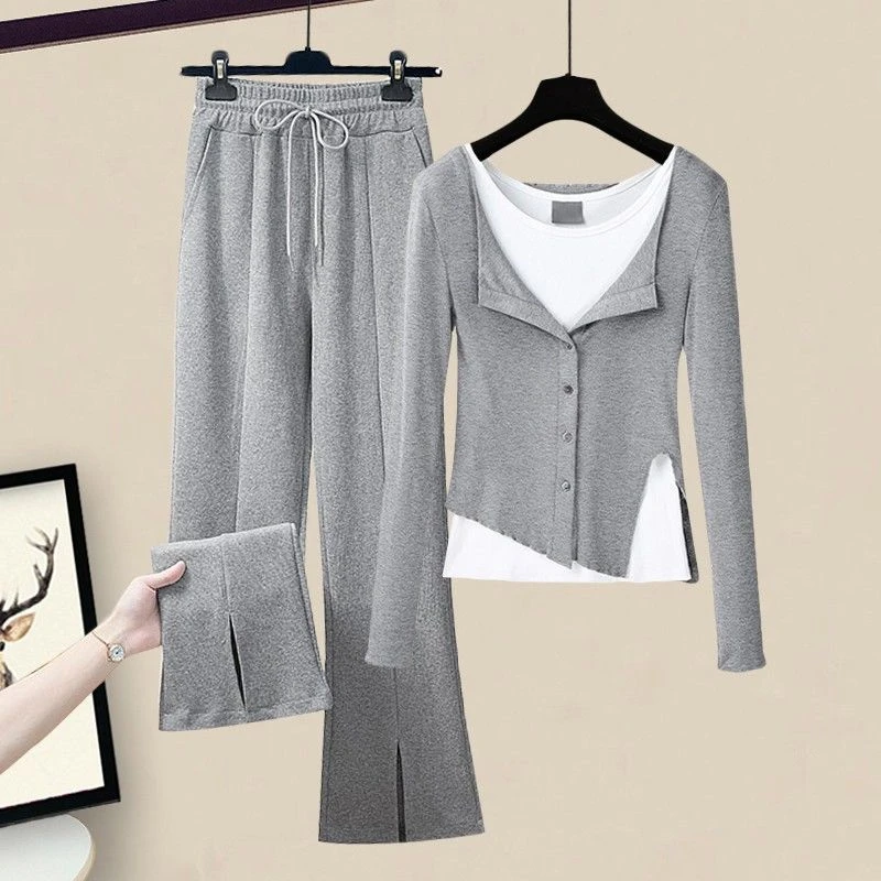 春季灰色假两件上衣打底衫搭配开叉裤子休闲裤套装2025年新款女春