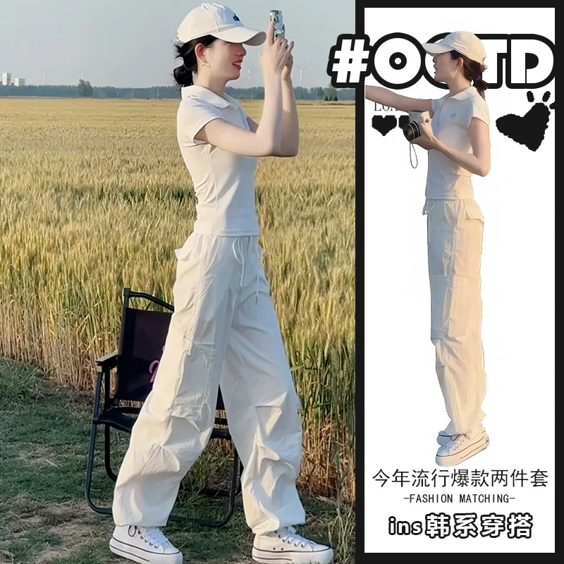 夏季休闲运动套装女新款高级感小众海鸥领显瘦上衣高腰气质工装裤