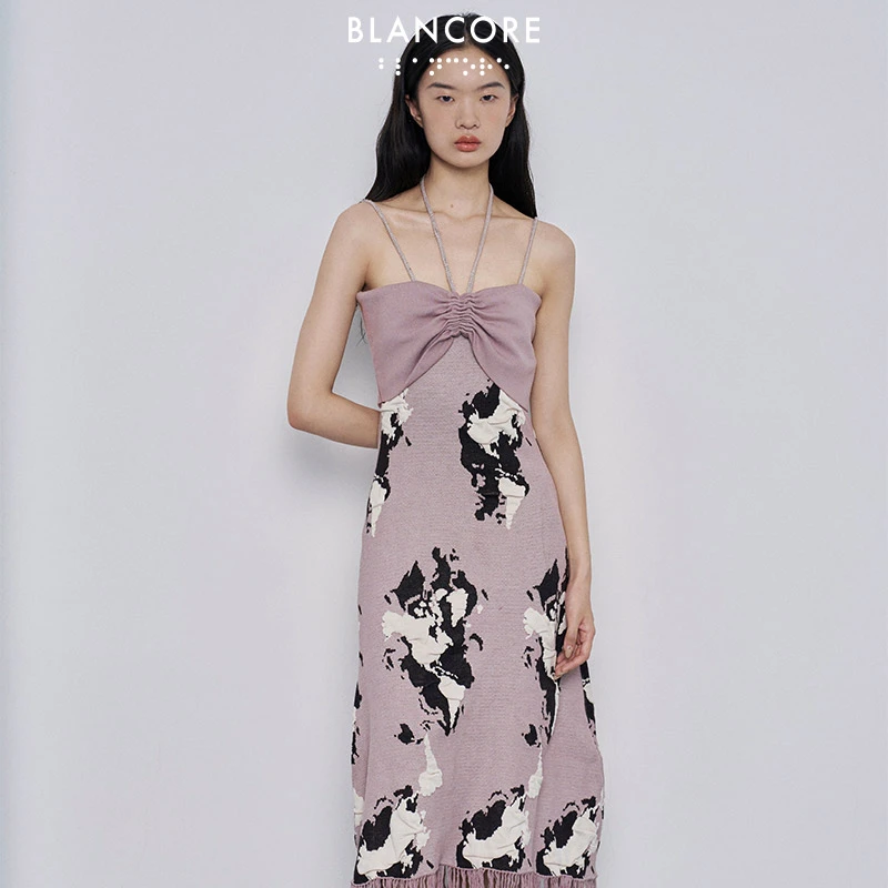 【设计师品牌BLANCORE】秋新款拼色时尚吊带裙流苏毛织连衣裙