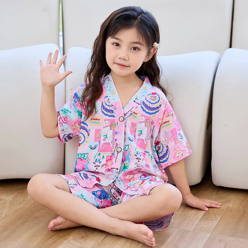 夏季儿童宝宝薄款男童短袖空调服家居服套装女孩女童棉绸睡衣