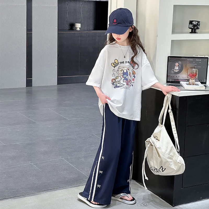 女童夏装套装2025新款洋气休闲大童夏季短袖T恤速干阔腿裤两件套