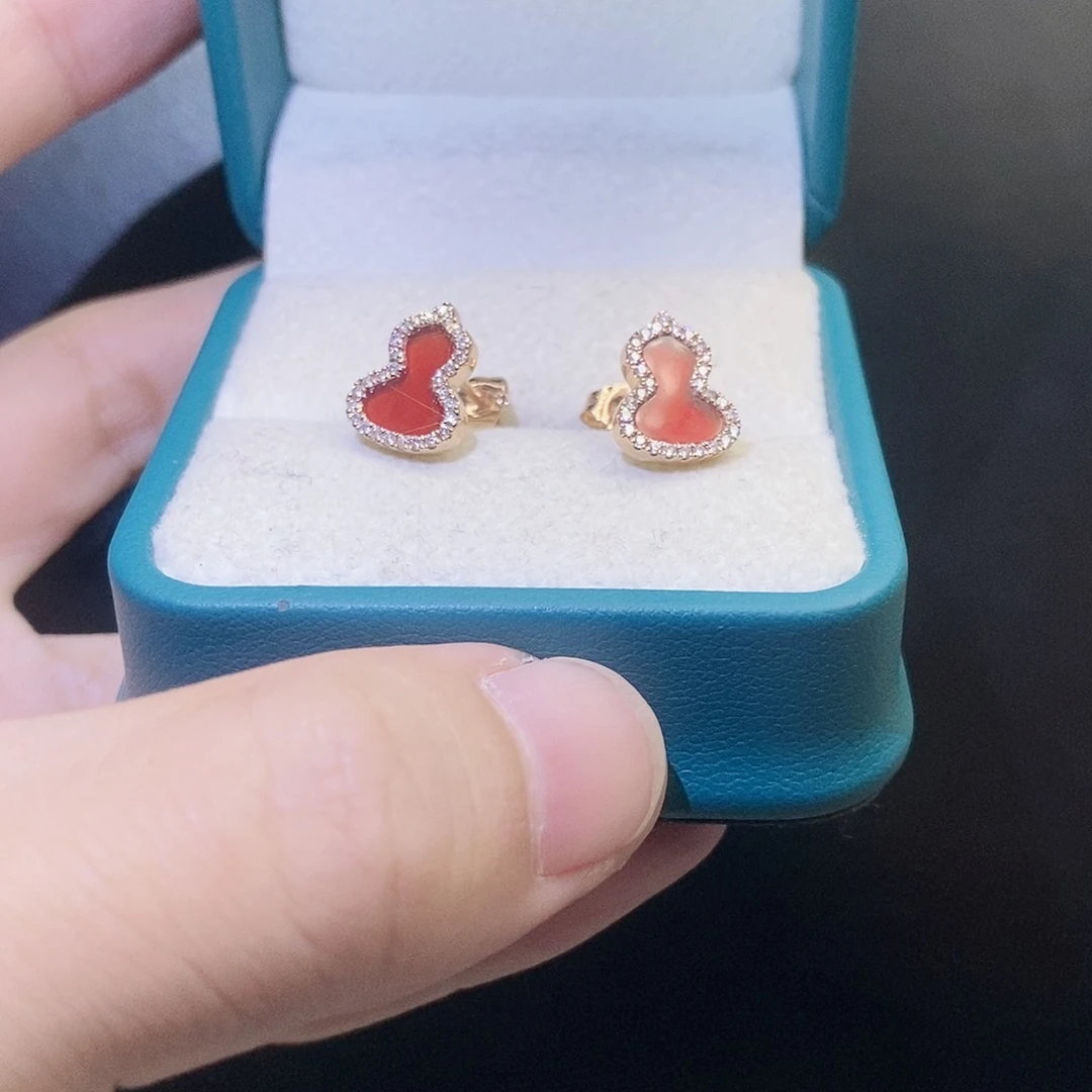 钻石耳饰18K金镶嵌红葫芦耳针K玫玛瑙