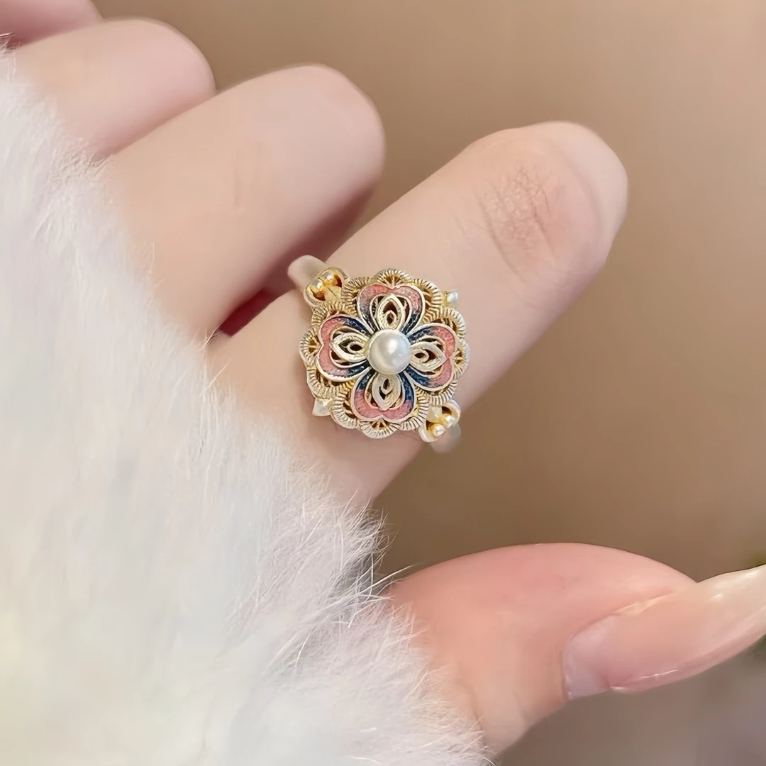 足银戒指 宫廷珐琅彩银戒指足银999.9新中式国风描金足银戒指古风