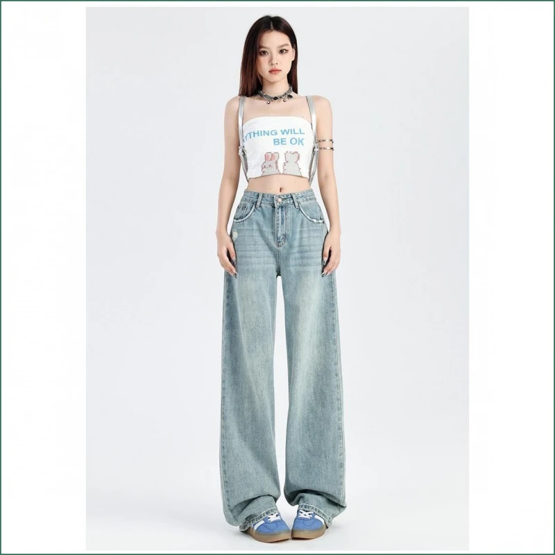 秋冬浅色破洞牛仔裤女春秋冬季高腰设计感口袋阔腿裤子直筒拖地长