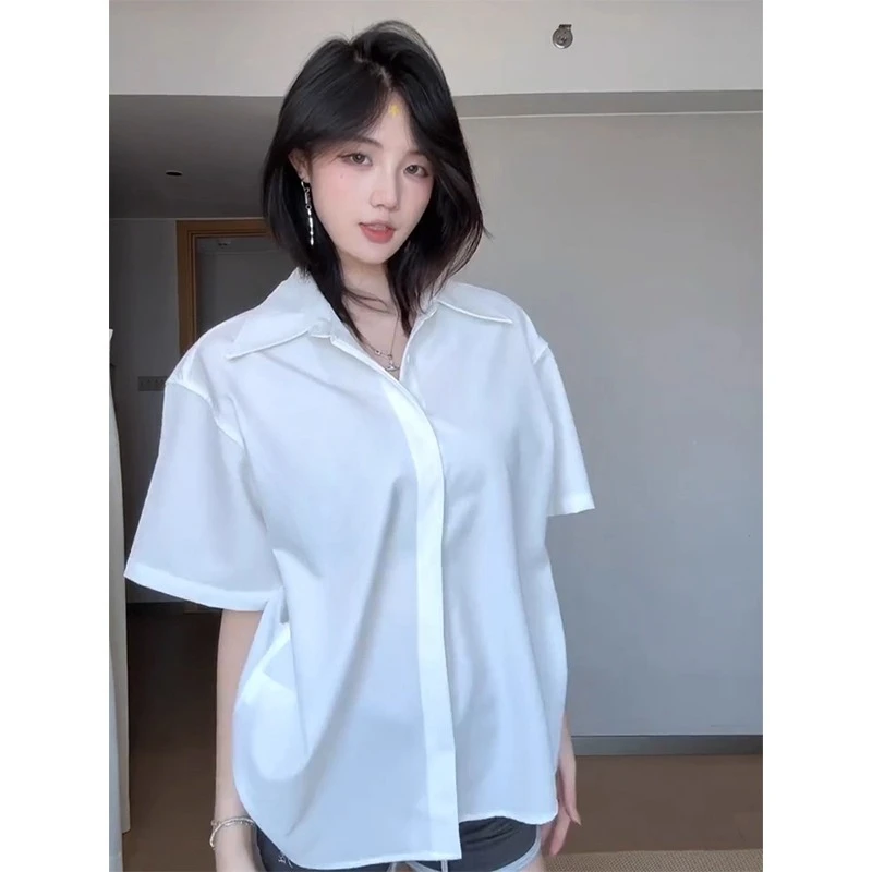 白色冰丝短袖衬衫男款夏季薄款痞帅高级感潮牌美式半袖防晒衬衣dk