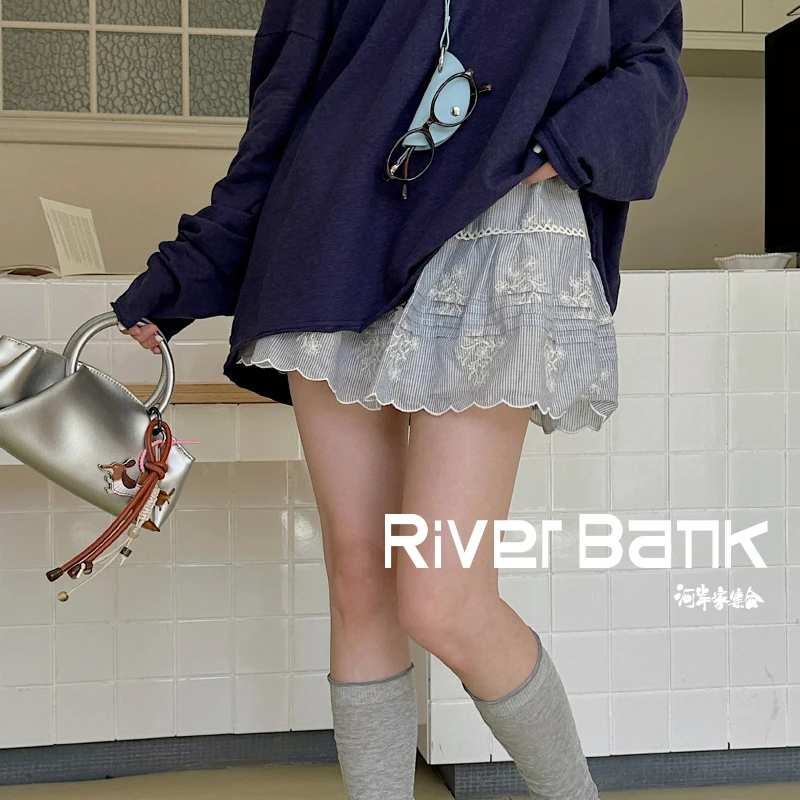 河岸家买手店设计师REREK刺绣花边松紧腰细条纹蓬蓬半身裙25夏