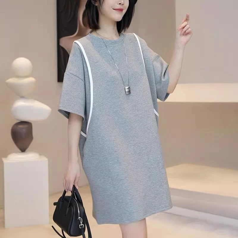 中长款灰色连衣裙女夏季2025新款宽松洋气时尚高级感短袖休闲长裙