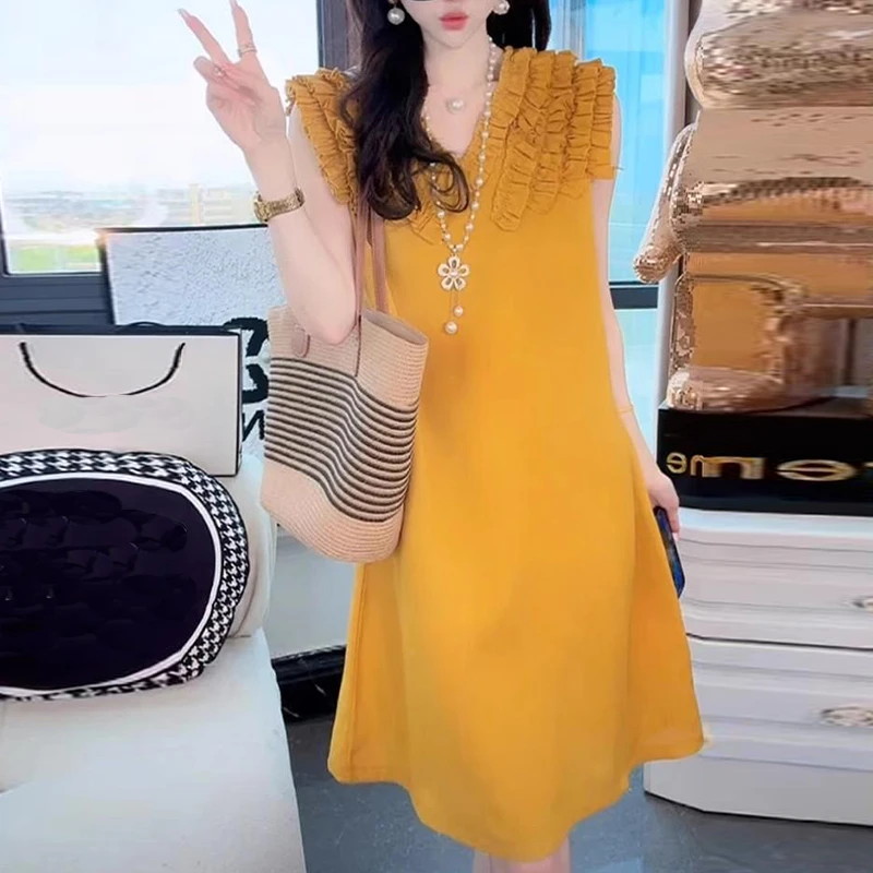 多巴胺V领无袖背心连衣裙女2025夏季新款潮流百搭宽松中长款裙子