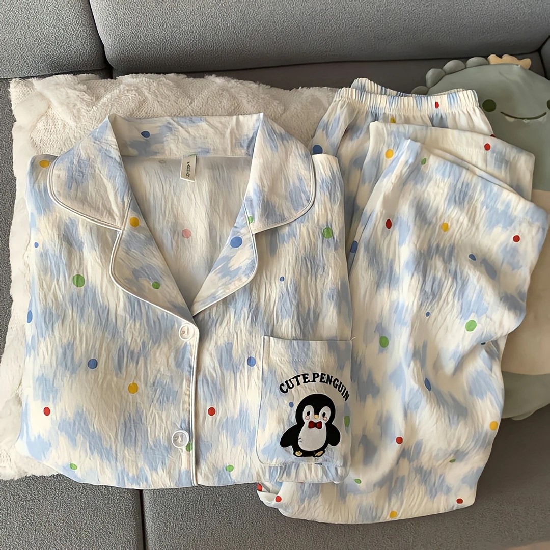 带胸垫云朵棉睡衣女春秋季新款卡通刺绣长袖开衫春天家居服两件套