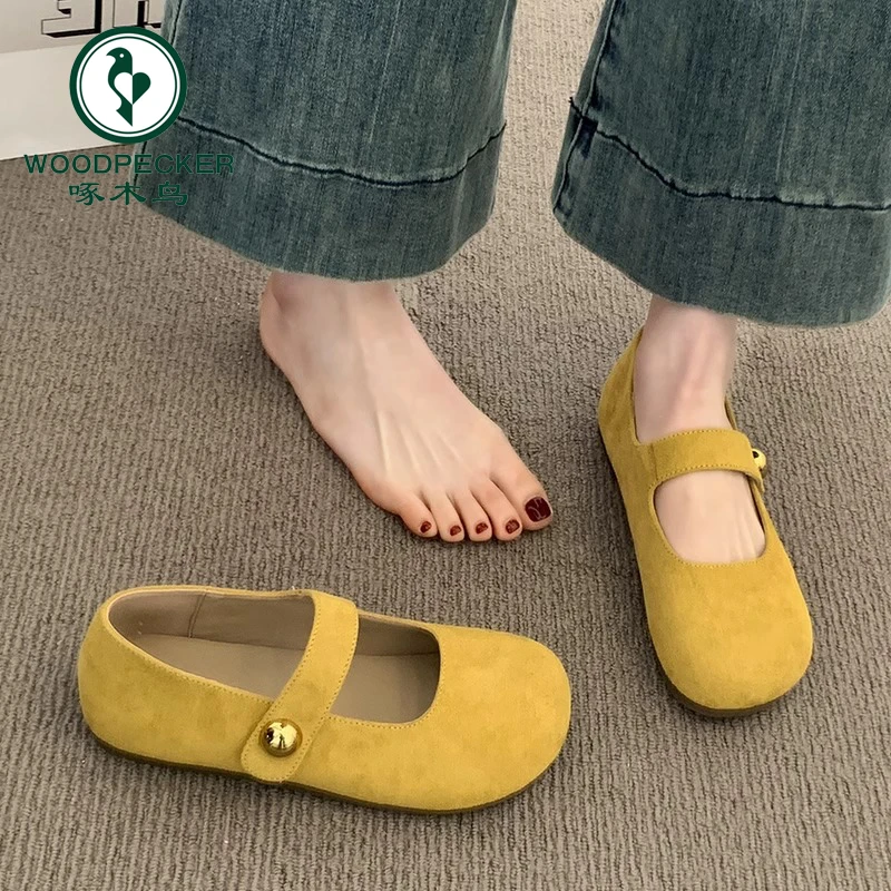 啄木鸟黄色勃肯鞋女2025新款春夏季单鞋平底玛丽珍鞋软平底豆豆鞋