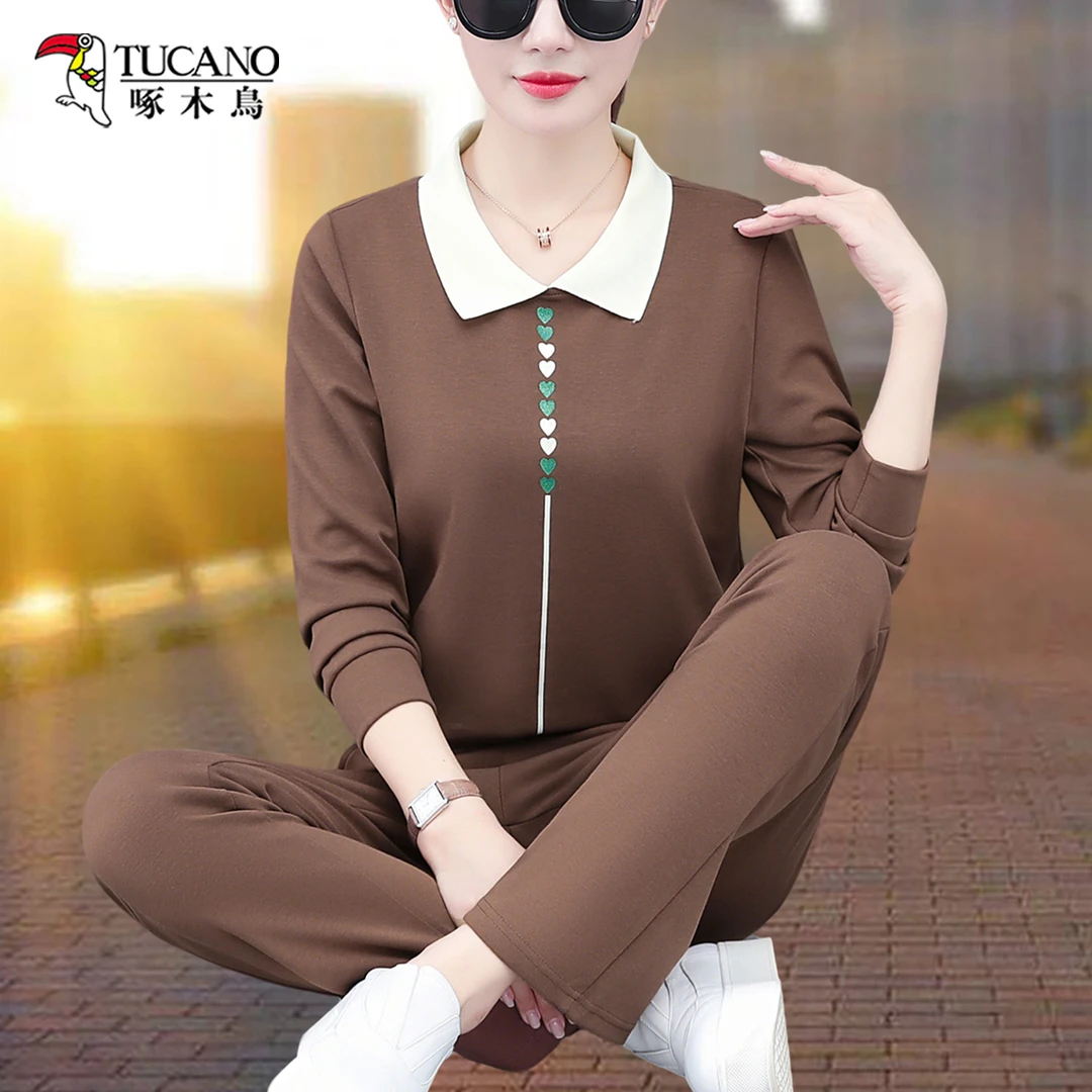 啄木鸟正品棉长袖大码套装女2025春秋新款宽松时尚减龄洋气两件套