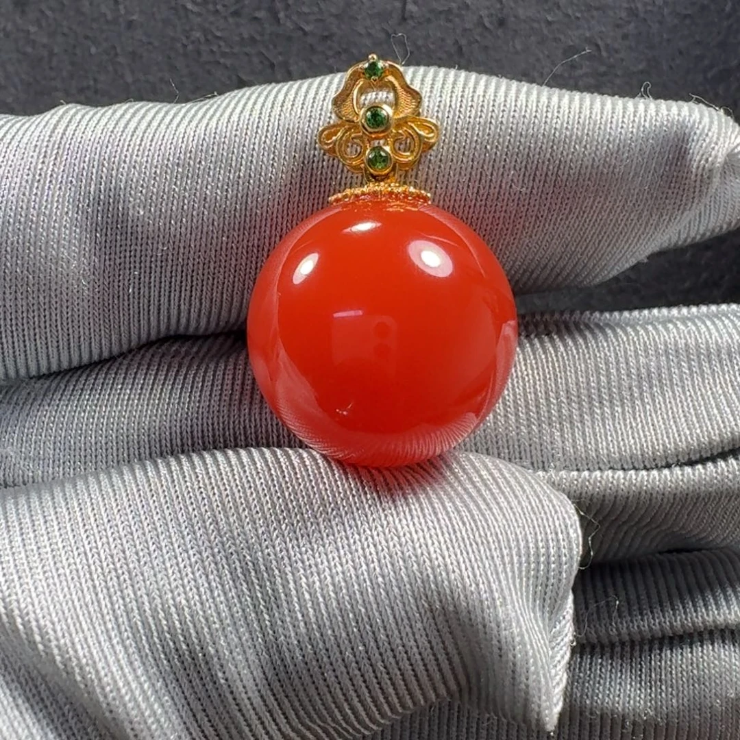 天***骄南红玛瑙18K金镶嵌珠子