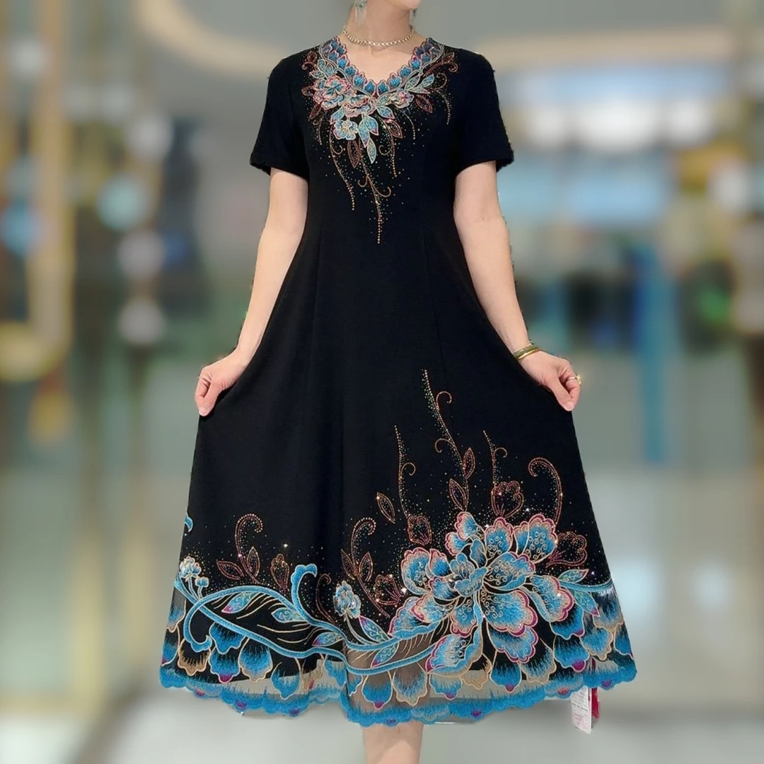 夏季妈妈刺绣太太绣花连衣裙新款南韩气质弹力时尚大码显瘦长裙子