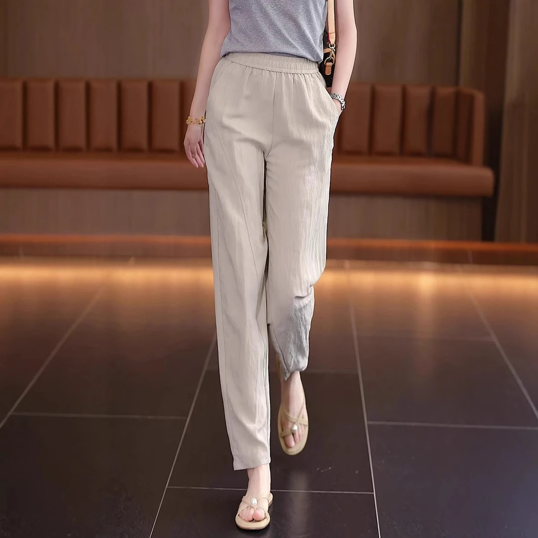 亚麻冰丝直筒裤女夏薄2025新款凉凉裤高腰显瘦垂感薄款休闲哈伦裤