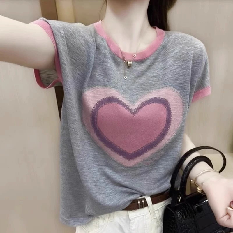 时尚薄款爱心图案冰丝针织衫女夏装新款圆领提花短袖T恤显瘦上衣