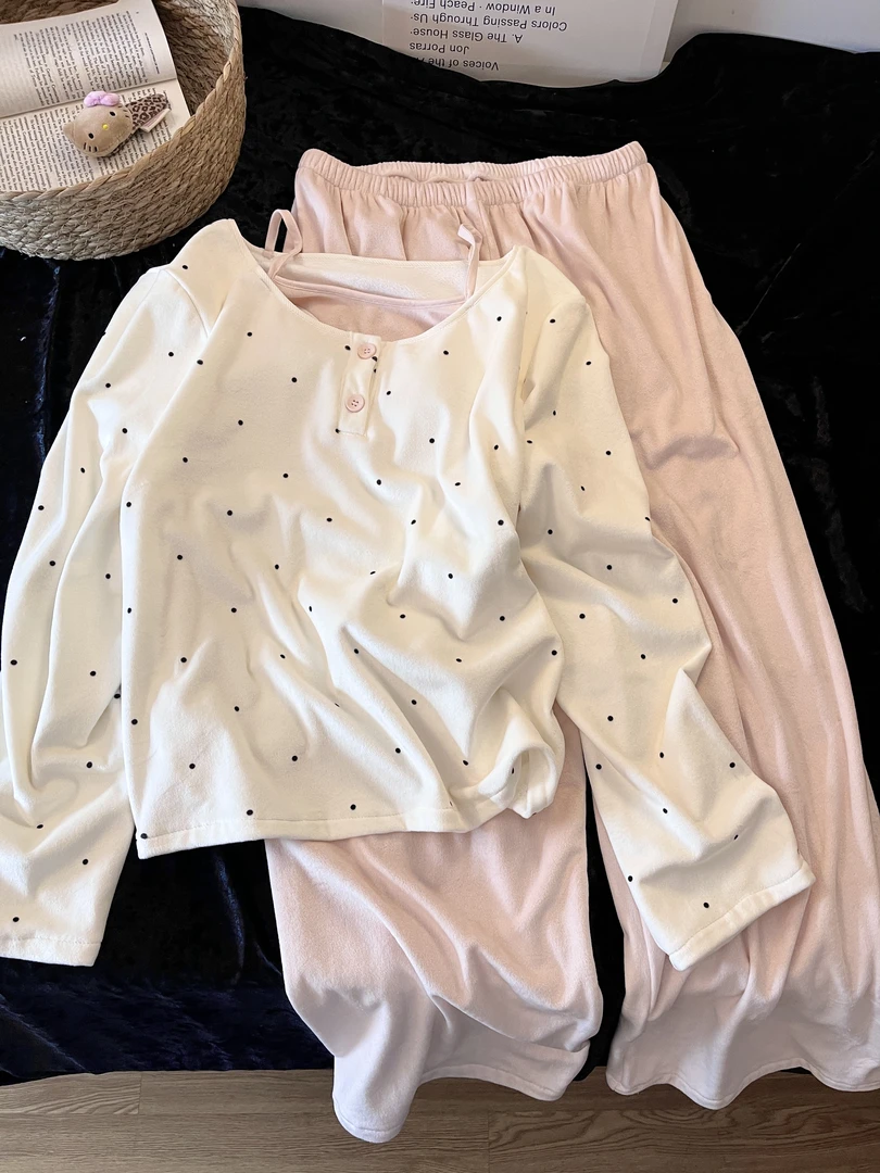挂脖设计波点漏锁骨纯欲睡衣女性感韩系简约感家居服休闲长裤套装