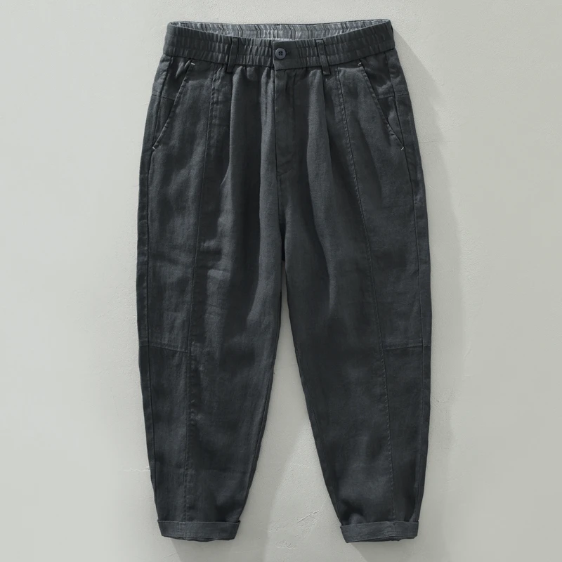 日系复古亚麻九分裤男夏季薄款麻布料休闲裤宽松直筒透气棉麻裤子