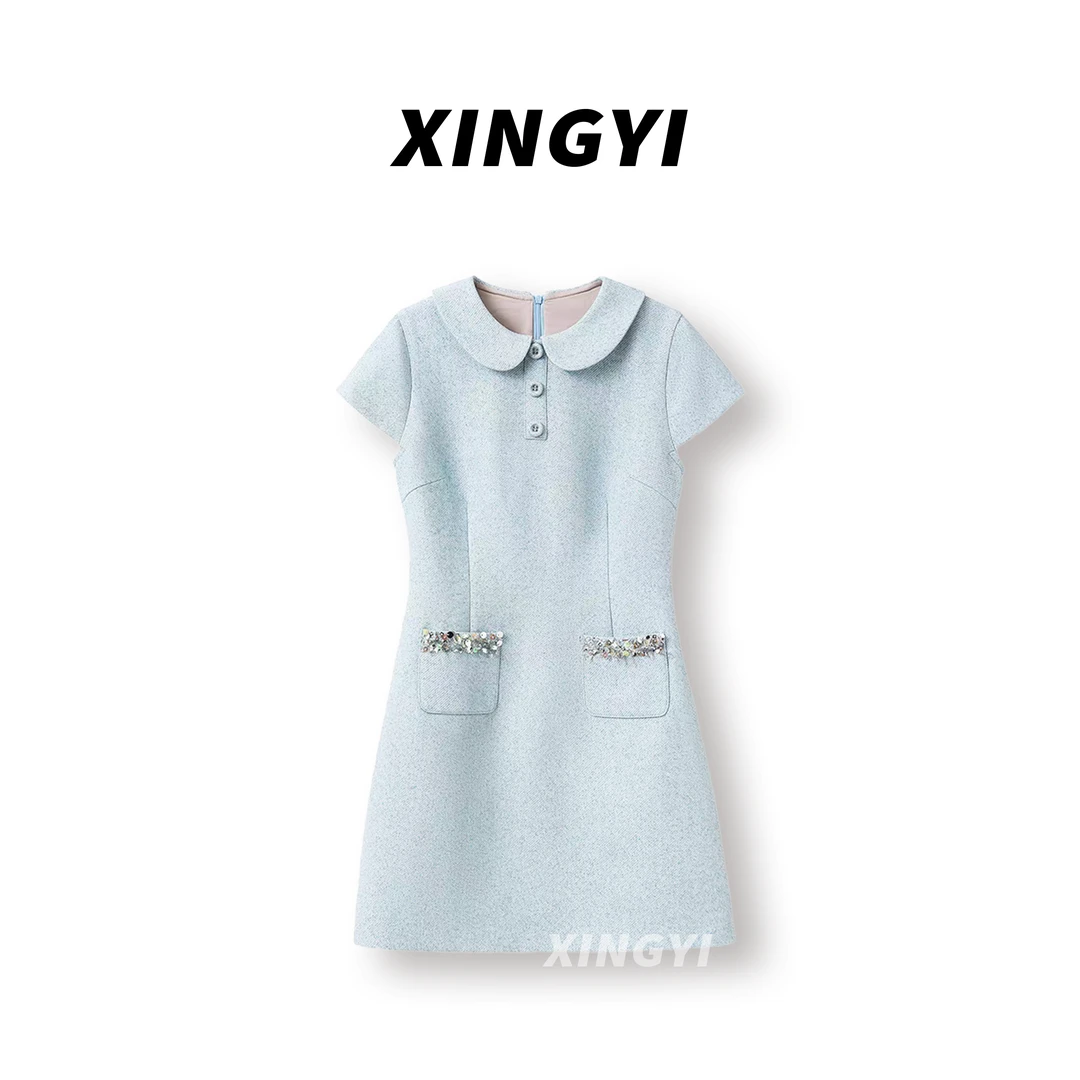 『XINGYI』可露丽穿搭薄款小香风短袖翻领连衣裙XY9390