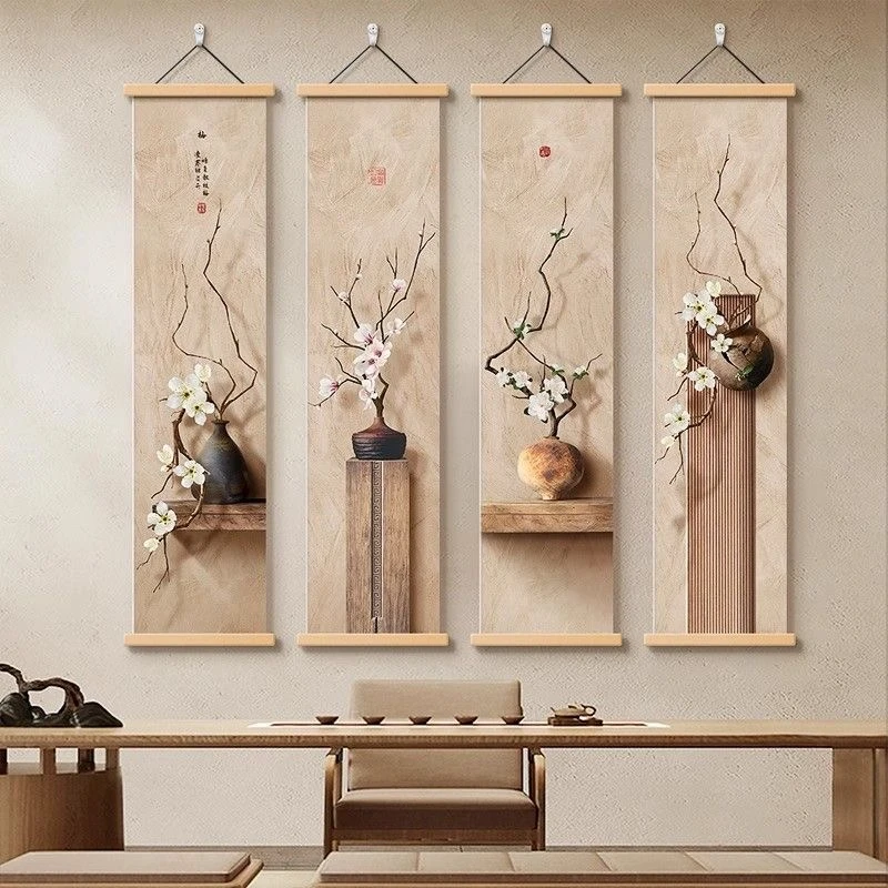 新中式竖版长条玄关过道装饰画禅意茶室背景墙挂画