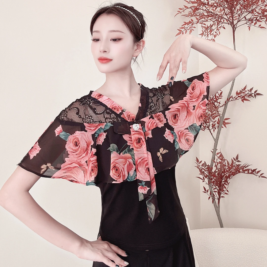 广场舞玫瑰花斗篷设计感V领T恤拉丁舞现代舞练功服