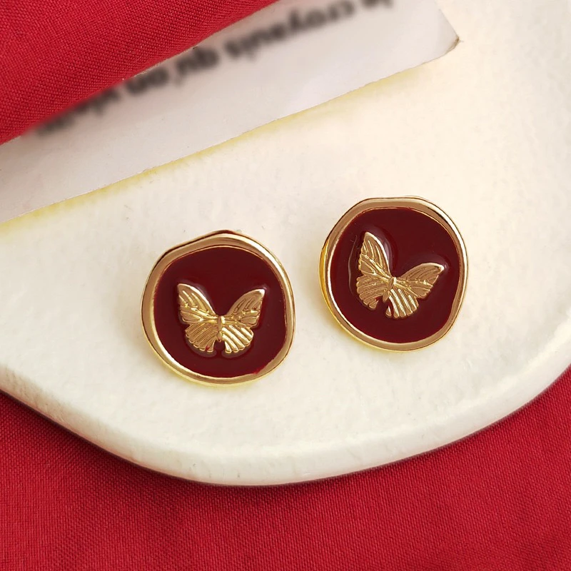 合金耳饰 高级感复古红色耳环小众气质新年款好运蝴蝶简约耳钉A57