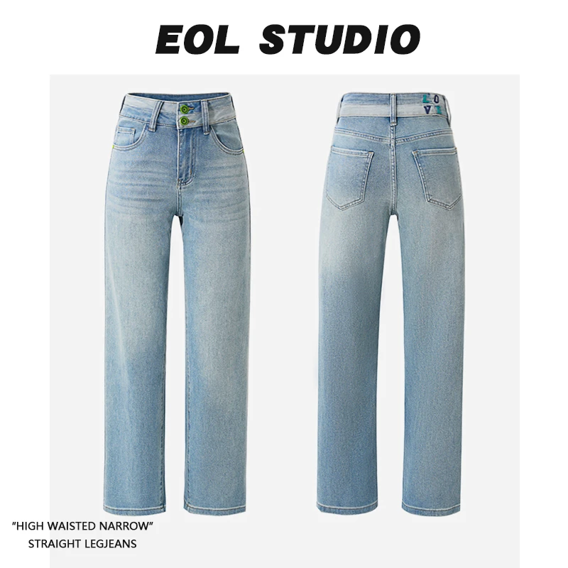 【单裤】EOL实拍新款高腰窄版直筒牛仔裤女百搭显瘦阔腿弹力9125
