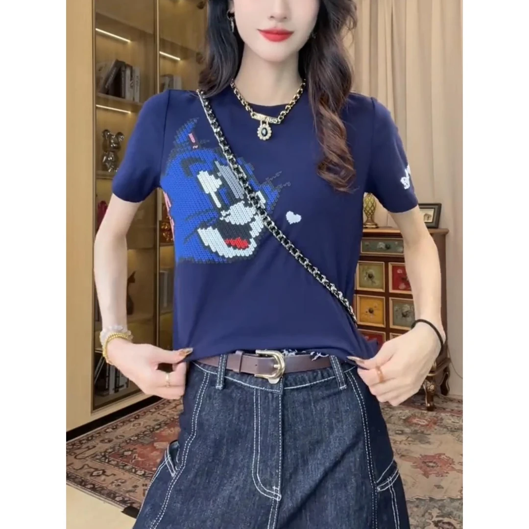 欧美风韩版印花短袖T恤女洋气夏季新款休闲宽松百搭显瘦正肩上衣T