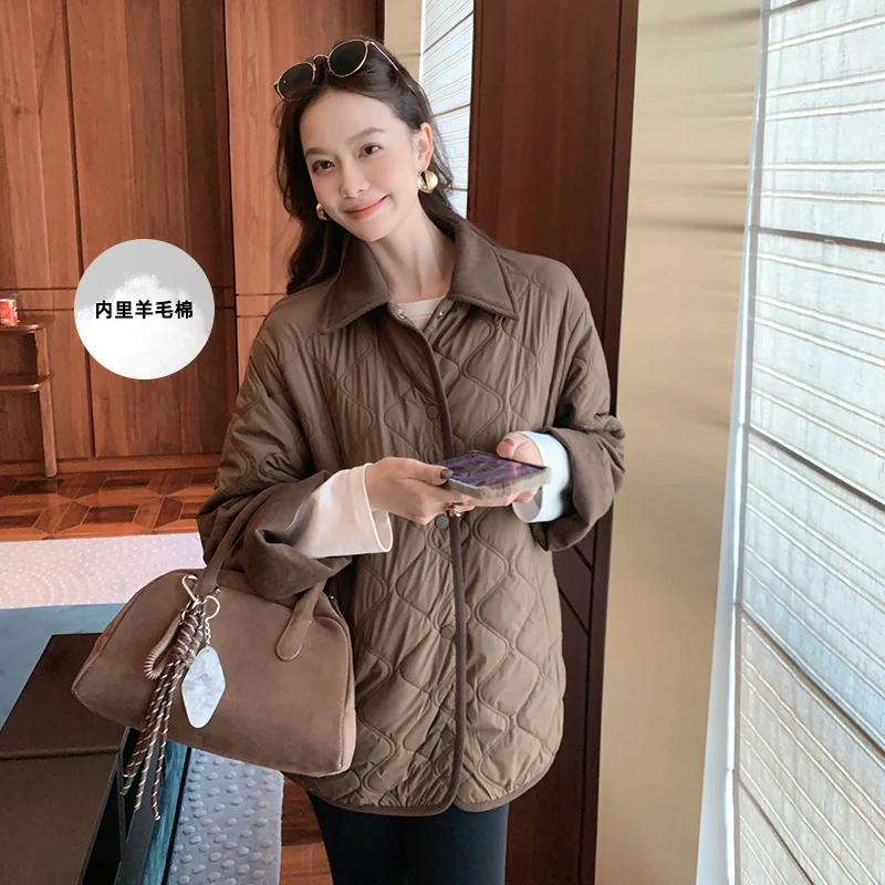 A美洋MEIYANG 蜜塔棉服 内羊毛棉_巴恩风撞色灯芯绒翻领棉衣外套