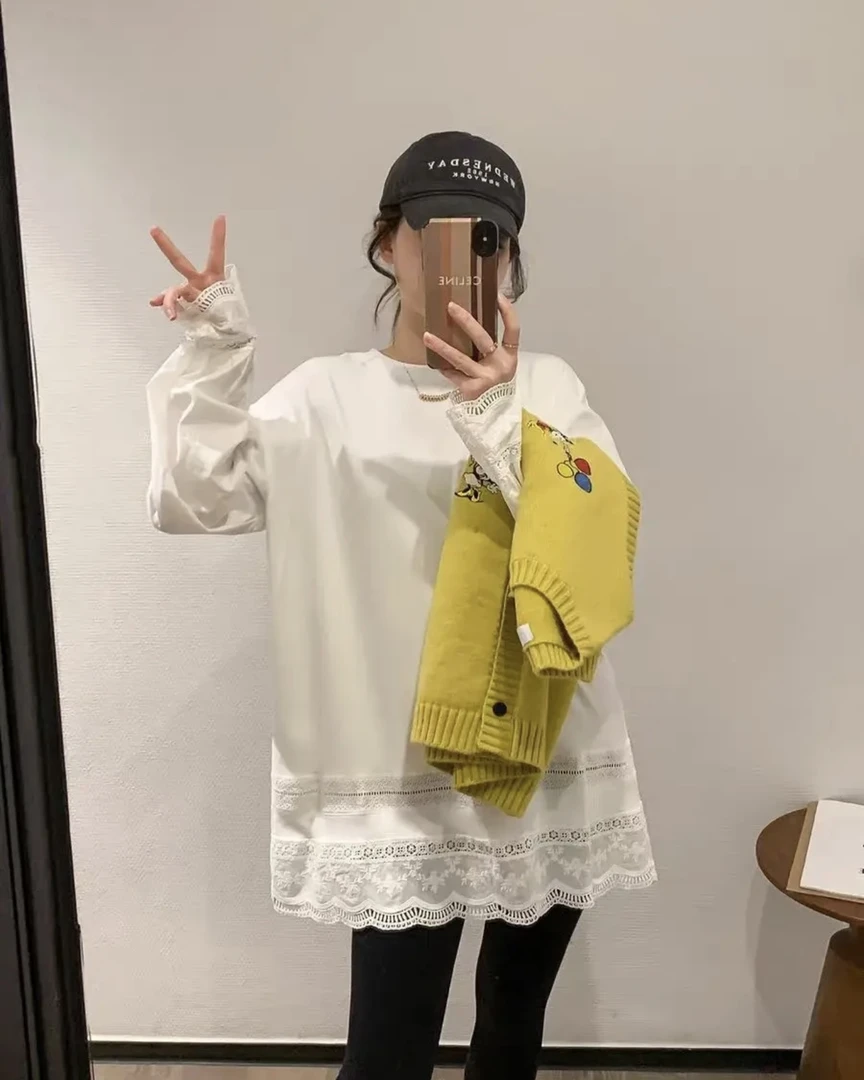 2025春款拼接衬衫蕾丝上衣长袖花边勾花百搭宽松圆领白色打底衫