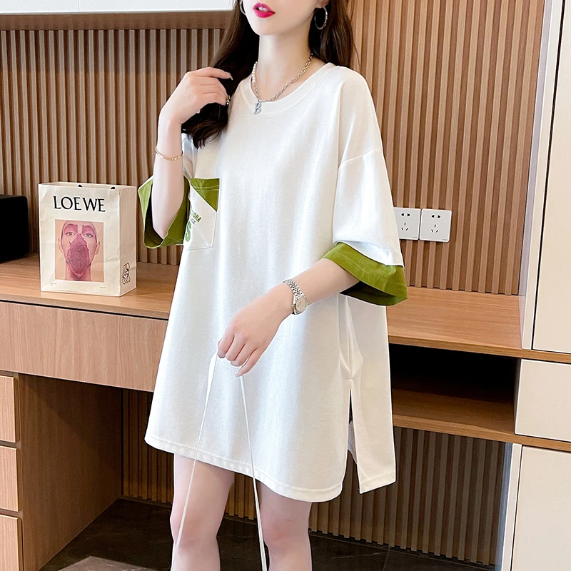 大码女装中长款开衩纯棉短袖t恤女夏季2025新款减龄显瘦遮肚上衣T