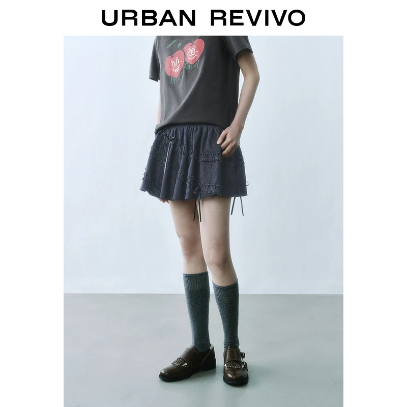 UR2025秋季新款女复古花边蝴蝶结装饰短款牛仔半裙UYU850075