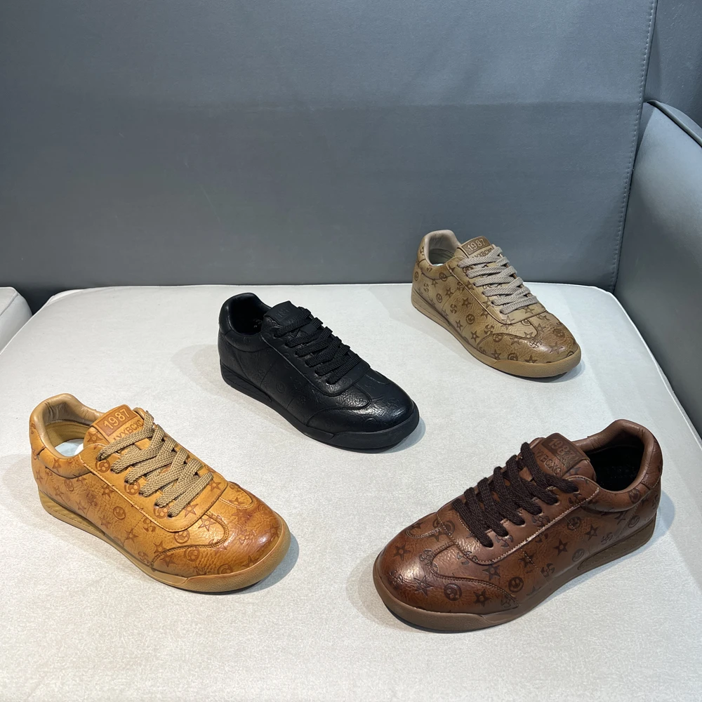 轻奢印花休闲鞋时尚运动百搭软底软面舒适男士潮流休闲鞋复古擦色