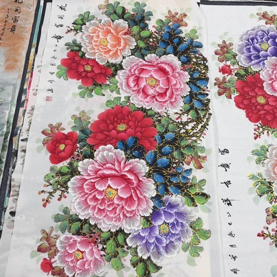 山***料国画140×70水晶金线牡丹画画