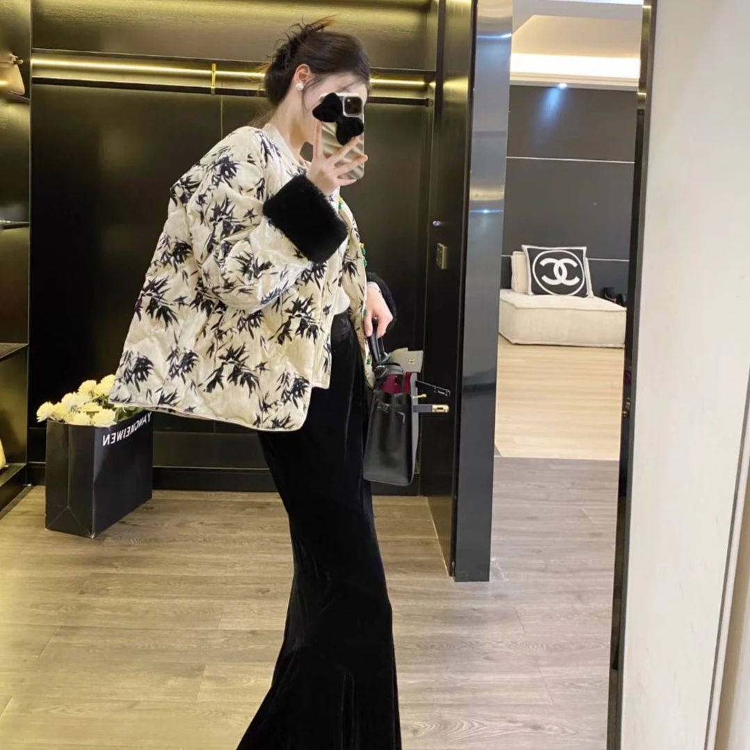 高级感新中式国风设计师款印花盘扣短款棉服女2024冬季新款两件套