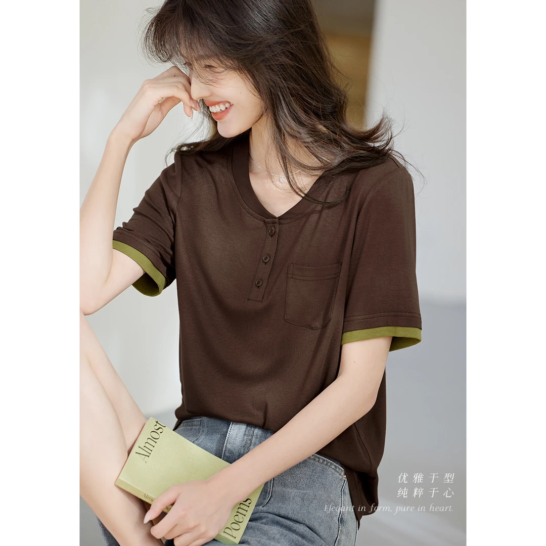 XWI/欣未【焦糖酥】复古老钱风撞色T恤2025夏休闲轻柔短袖女9244