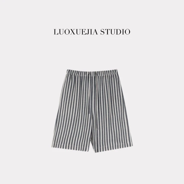 LXJ25277「松弛老钱」简约百搭松紧腰条纹宽松短裤
