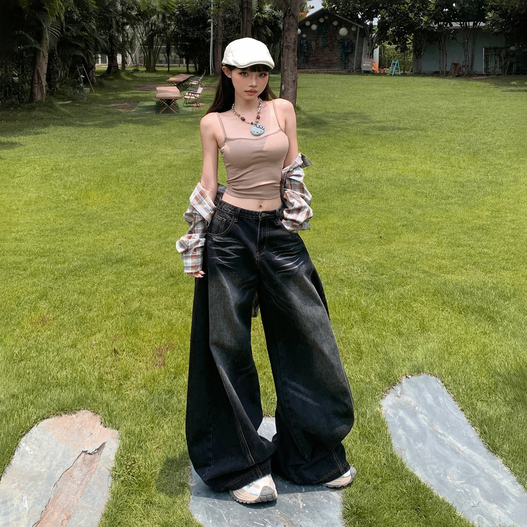 GL 黑色弯刀牛仔裤女美式复古水洗猫须阔腿宽松轮廓垂感做旧休闲
