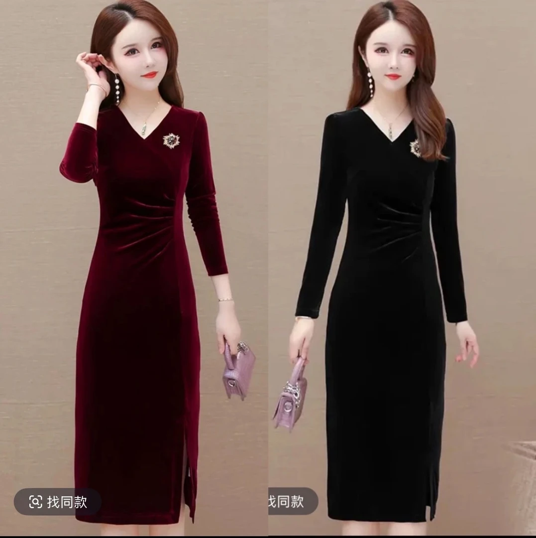 丝绒轻奢小众高级感女装连衣裙2024新款春秋季喜婆婆婚宴装裙子