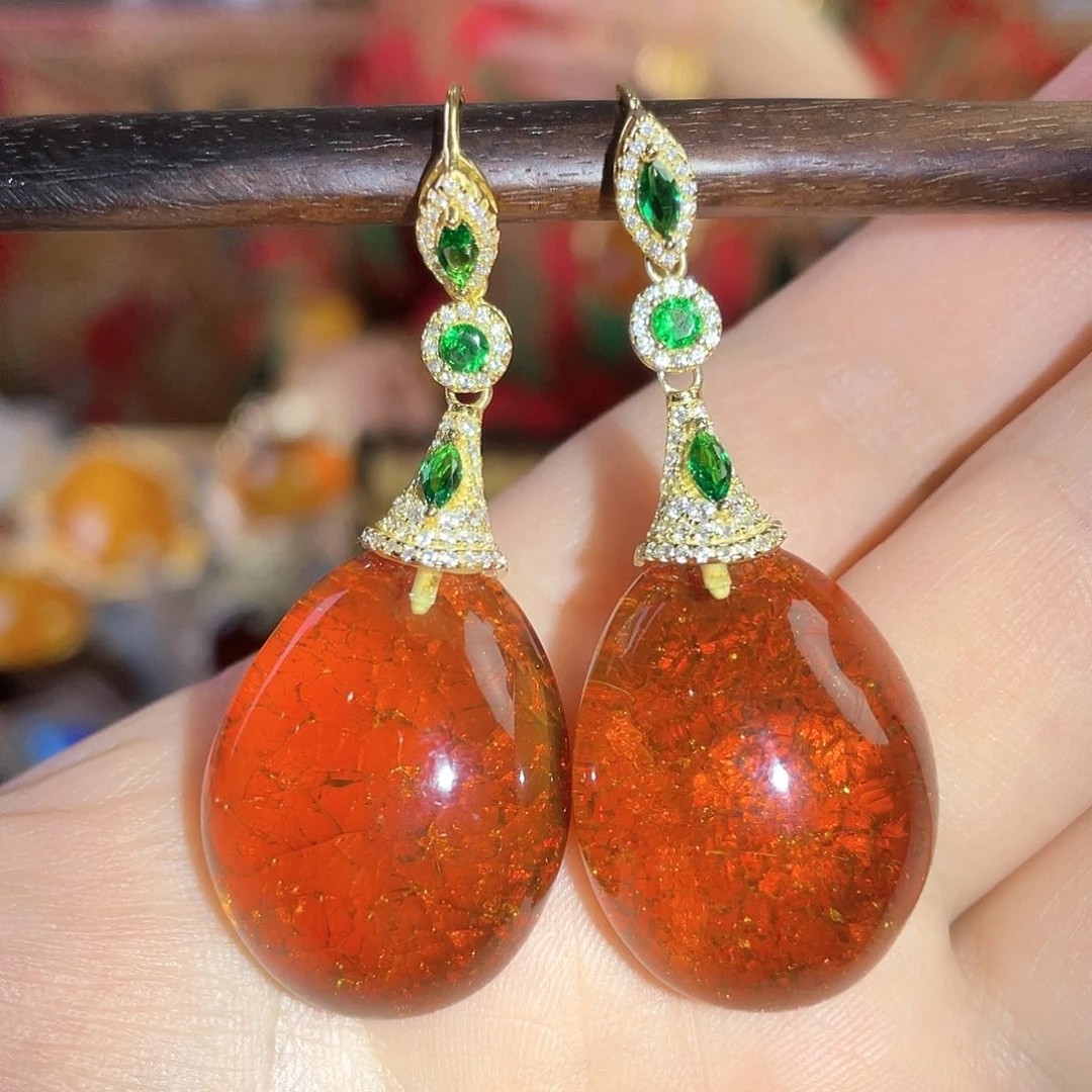 琥珀耳环银S925镀金镶嵌